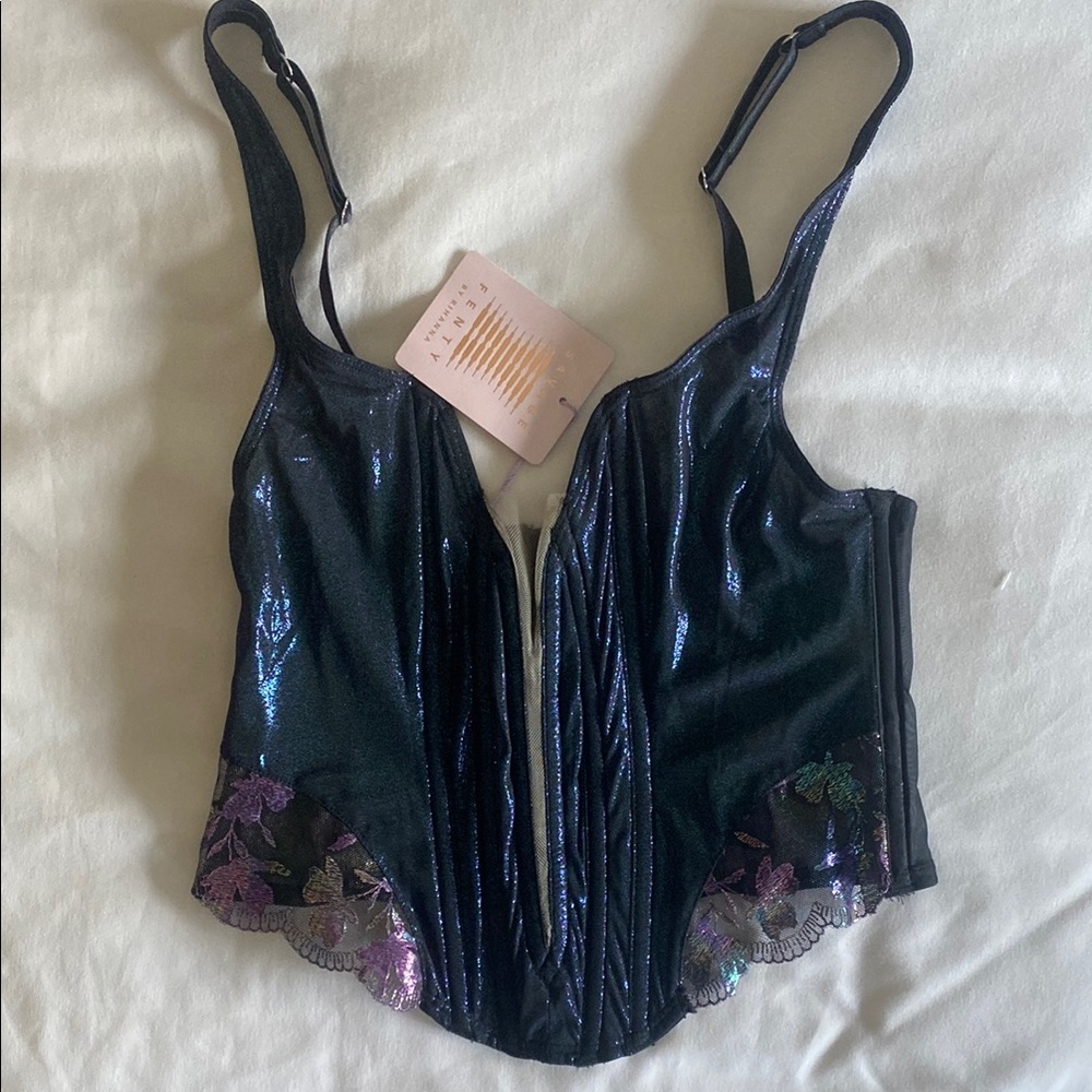 Savage X Fenty Black Sequin Corset Top with Floral Embroidery